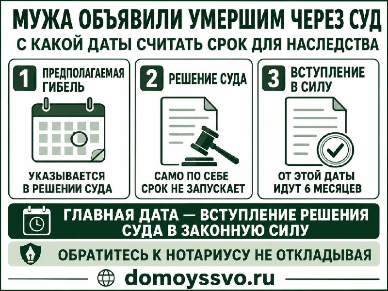 🟢 Мужа объявили умершим через суд: с какой даты считать срок для наследства