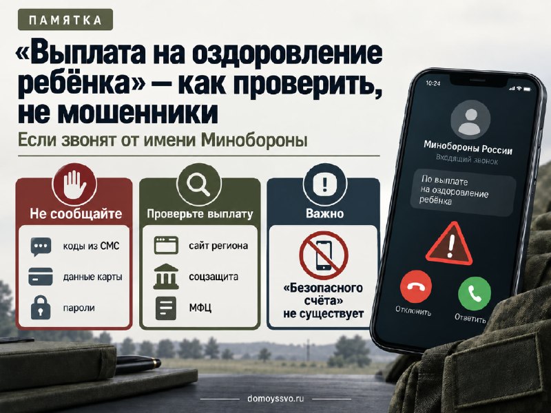 Вдове звонят из «Минобороны»: «Вам положена выплата на оздоровление ребёнка». Как проверить?